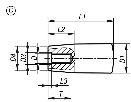 KONUSGRIFF FESTSTEHEND GR.3 D=M10, D1=28, FORM:C, DUROPLAST SCHWARZ HOCHGLANZPOLIERT-1