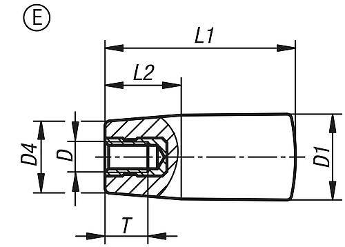 KONUSGRIFF FESTSTEHEND GR.1 D=M06, D1=18, FORM:E, DUROPLAST SCHWARZ HOCHGLANZPOLIERT, KOMP:STAHL BLAU-1
