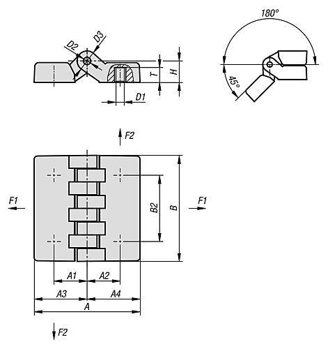 SCHARNIER MIT BUCHSE 48X48, THERMOPLAST SCHWARZ, A1=15, A2=15, A3=24, A4=24-2