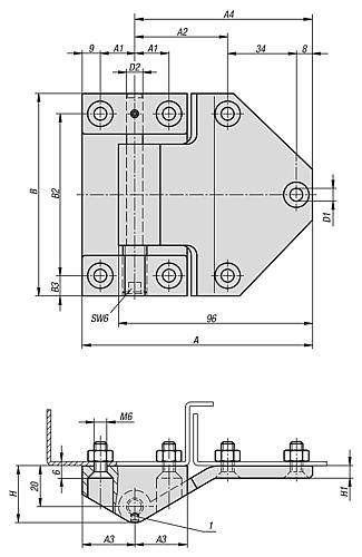 SCHARNIER ANSCHRAUBBAR, EINSTELLBAR 114X100, EDELSTAHL A4 SEIDENMATT POLIERT, KOMP:EDELSTAHL, A1=17, A2=46,-1