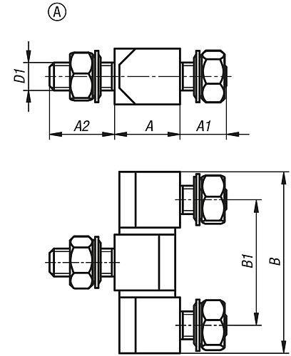 SCHARNIER ECKIG MIT BEFESTIGUNGSMUTTER, FORM:A, EDELSTAHL 1.4305, B=49, A=18, A1=14, A2=22-1