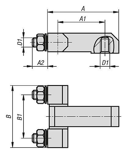 SCHARNIER ECKIG LANGE AUSFÜHRUNG MIT BEFESTIGUNGSMUTTER, EDELSTAHL A4 1.4401, B=40, A=45, A1=30, A2=10-5
