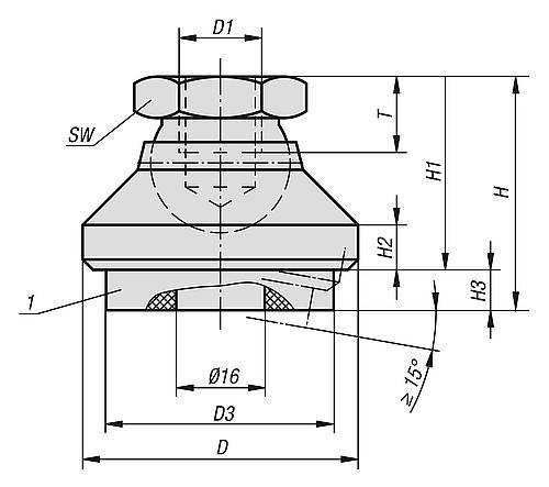 GELENKTELLER SCHWINGUNGSDÄMPFEND D1=M20, D=60, H=50, STAHL-3