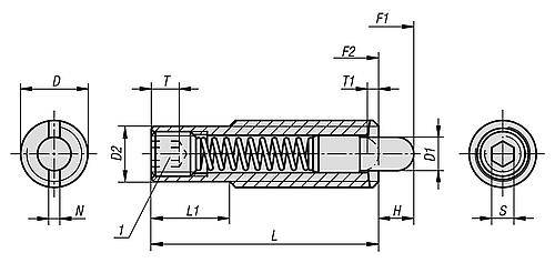 FEDERNDES DRUCKSTÜCK STANDARD FEDERKRAFT, LANGE AUSFÜHRUNG D=M12 L=50, STAHL, KOMP:BOLZEN AUS STAHL-1