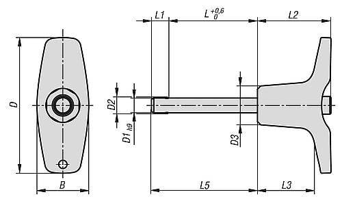 KUGELSPERRBOLZEN MIT T-GRIFF, D1=16, L=70, L1=13,1, L5=83,1, EDELSTAHL, KOMP:THERMOPLAST SCHWARZGRAU RAL7021-5
