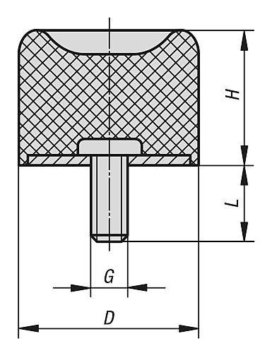 GUMMIPUFFER TYP DS SAUGFUß AUSSENGEWINDE M16X42, D=100, H=50 STAHL, KOMP:ELAST. NATURKAUTSCHUK SHORE-1