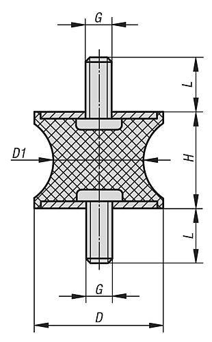 GUMMIPUFFER TYP AT TAILLIERT AUSSENGEWINDE M10X28, D=50, H=30, STAHL, KOMP:ELAST. NATURKAUTSCHUK SHORE-1