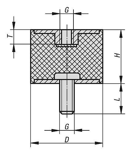 GUMMIPUFFER TYP B INNEN- UND AUSSENGEWINDE M08X23, D=30, H=20, STAHL, KOMP:ELAST. NATURKAUTSCHUK SHORE-1