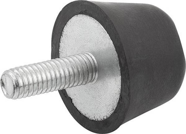 GUMMIPUFFER KONISCH AUSSENGEWINDE M10X28, D=50, H=18, STAHL, KOMP:ELAST. NATURKAUTSCHUK SHORE 55A, SCHWARZ