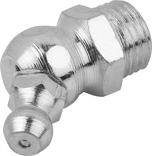 KEGELSCHMIERNIPPEL DIN71412, FORM:B ABGEWINKELT 45° M. 6-KANT, R1/4, L=23, STAHL GEHÄRTET UND VERZINKT-0