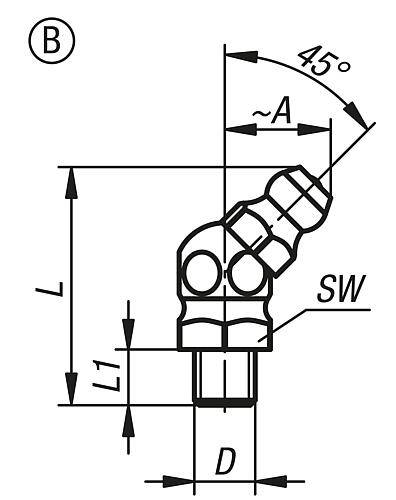 KEGELSCHMIERNIPPEL DIN71412, FORM:B ABGEWINKELT 45° M. 6-KANT, R1/4, L=23, STAHL GEHÄRTET UND VERZINKT-1
