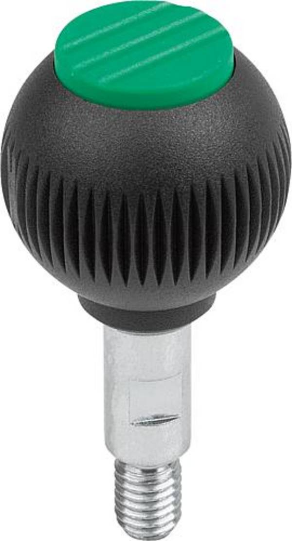 GRIFFKUGEL DREHBAR GR.1, D1=25 D=M06X10, THERMOPLAST SCHWARZGRAU RAL7021, KOMP:EDELSTAHL, DECKEL:GRÜN