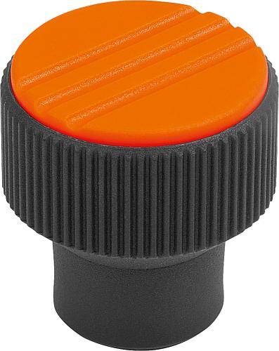 RÄNDELKNOPF GR.1 D=M04, D1=21, H=22, THERMOPLAST SCHWARZGRAU RAL7021, KOMP:STAHL, DECKEL:ORANGE RAL2004-0
