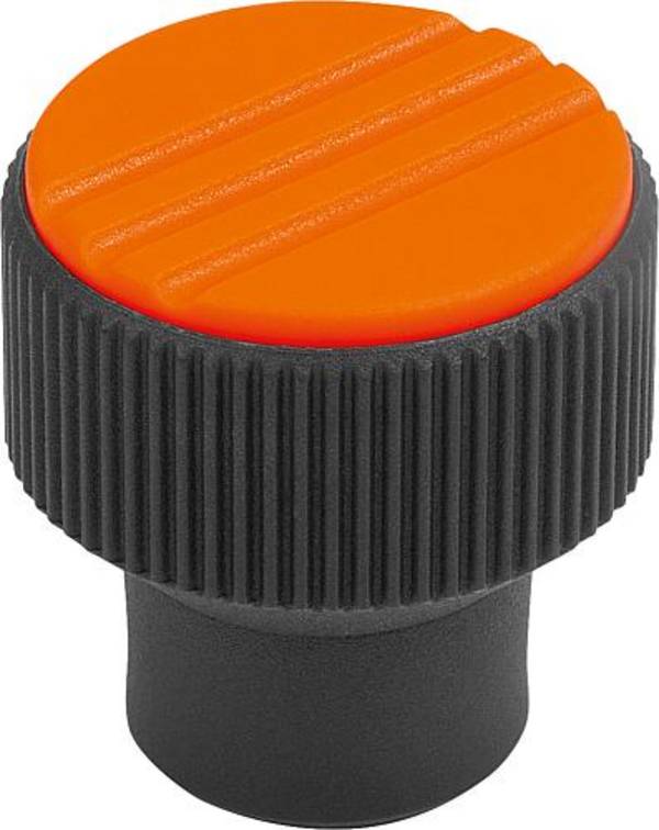 RÄNDELKNOPF GR.2 D=M08, D1=26, H=26, THERMOPLAST SCHWARZGRAU RAL7021, KOMP:EDELSTAHL, DECKEL:ORANGE RAL2004