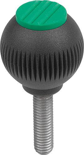 GRIFFKUGEL GR.2, D1=32 D=M08X30, THERMOPLAST SCHWARZGRAU RAL7021, KOMP:STAHL, DECKEL:GRÜN RAL6032-0