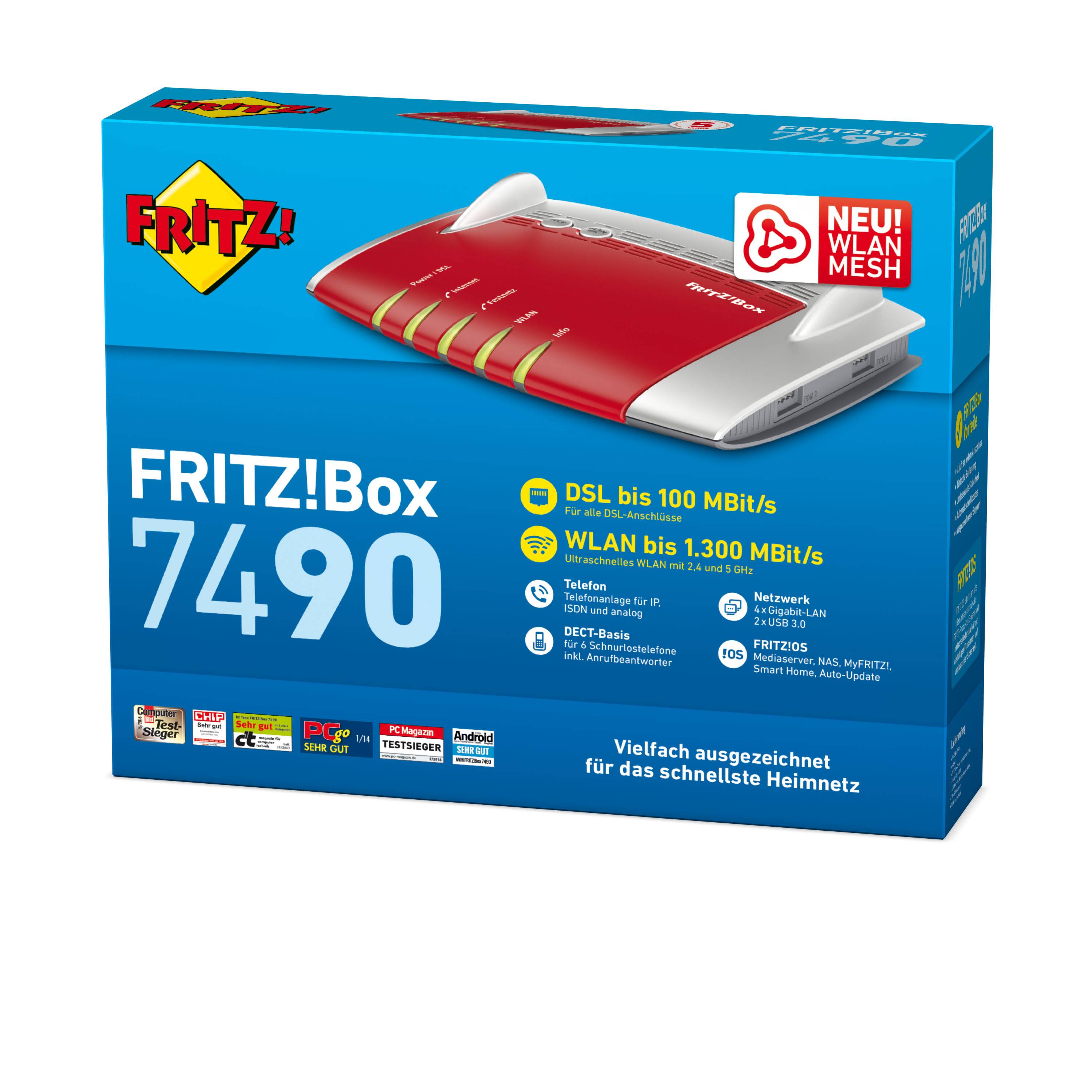 AVM FRITZ!Box 7490 - Wireless Router - DSL-Modem - 4-Port-Switch - GigE - Wi-Fi 5 - Dual-Band - VoIP-Telefonadapter (DEC-3