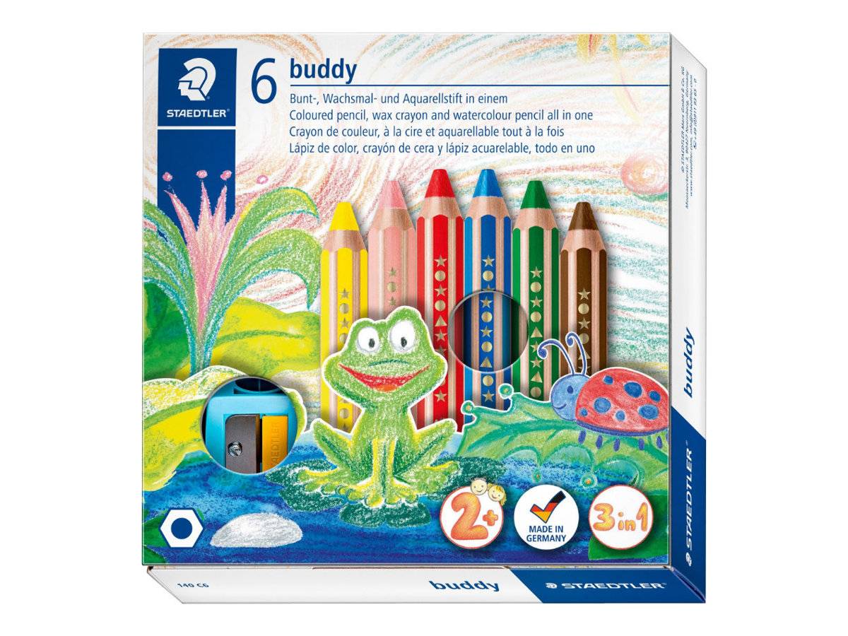 STAEDTLER buddy 3 in 1 - Wasserfarbstift - Wachs - für Glas, Pappe - Rot, Blau, Grün, Gelb, Van Dyke Brown, hautfarben (-0