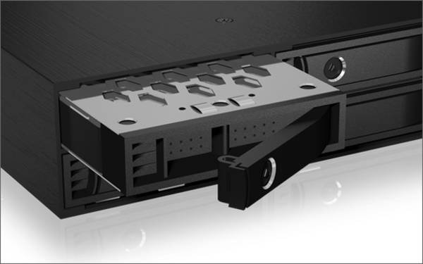 IB-2242U2K, Back Plane, 4x 2,5" (6-15 mm high) U.2/SAS/SATA in 1x 5,25" bay, Schloss, 2x 4cm fan, schwarz