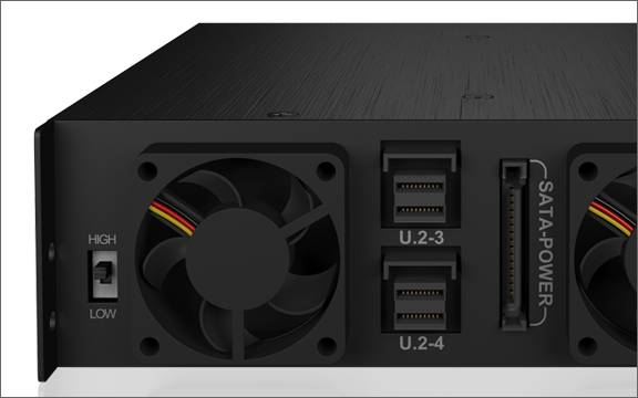 IB-2242U2K, Back Plane, 4x 2,5" (6-15 mm high) U.2/SAS/SATA in 1x 5,25" bay, Schloss, 2x 4cm fan, schwarz-1