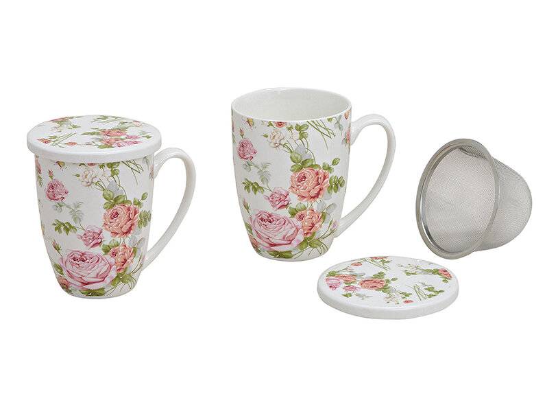 Teebecher Rose mit Deckel und Metallsieb 300 ml 10cm weiß/rosa/grün-0