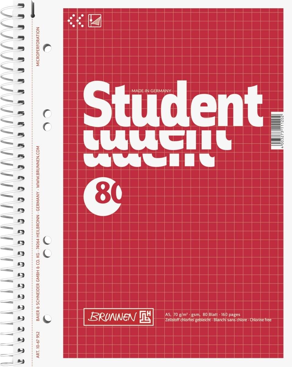 Kollegblock Student A5 70g/qm kariert 80 Blatt rot