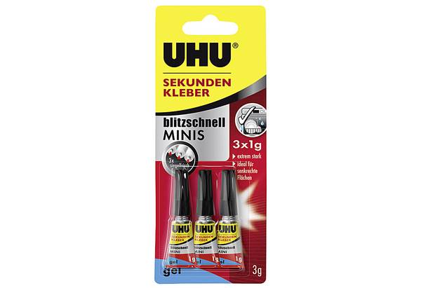 UHU 50820 Sekundenkleber Blitzschnell Gel, 3x1g Minis Sekundekleber,