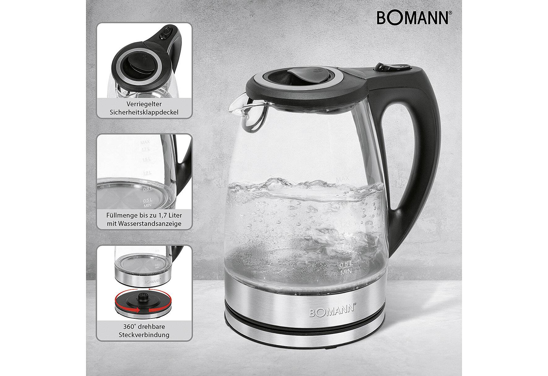 Bomann Glas-Wasserkocher WKS 6032 G CB, 1,7 Liter Füllmenge,-1