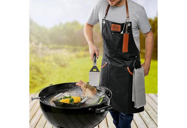 GEFU Grillschürze BBQ, Kochschürze, Küchenschürze, Baumwolle und Leder, Schwarz / Braun, ca.