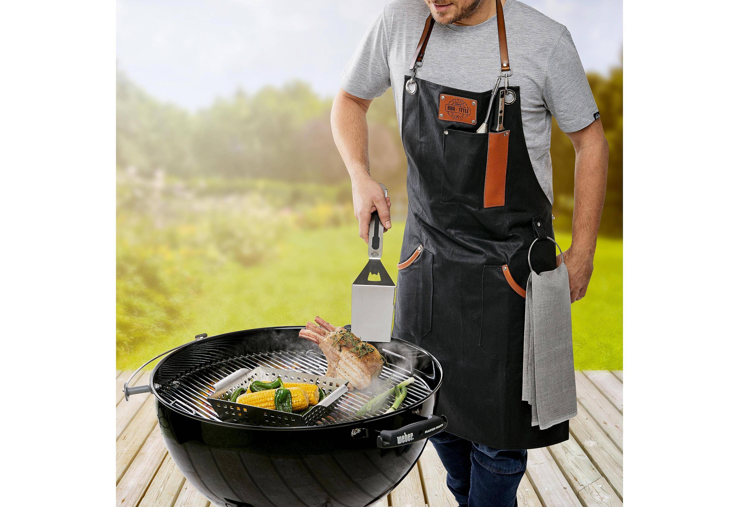 GEFU Grillschürze BBQ, Kochschürze, Küchenschürze, Baumwolle und Leder, Schwarz / Braun, ca.-0