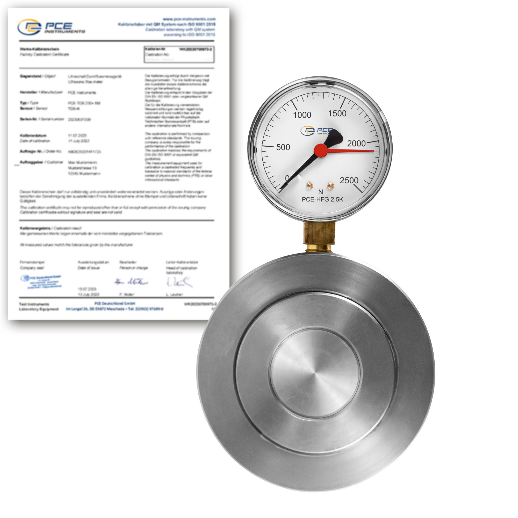 PCE Instruments PCE-HFG 2.5K-ICA Kraftaufnehmer inkl. ISO-Zertifikat|kompakt für kl. Bauräume|Schleppzeiger|Stahl|27 mm-0