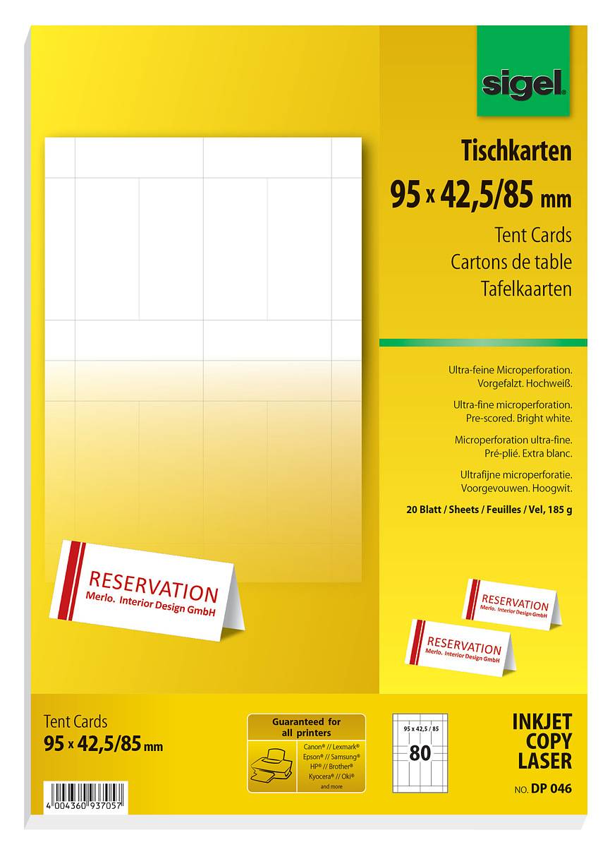 SIGEL Tischkarten, hochweiß, MP, 95x 42/85 mm (A4), 185 g, 80 Karten