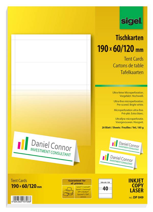 Sigel DP049 - Hochweiß - 190 x 60 mm - 185 g/m² - 40 Stck. (20 Bogen x 2)