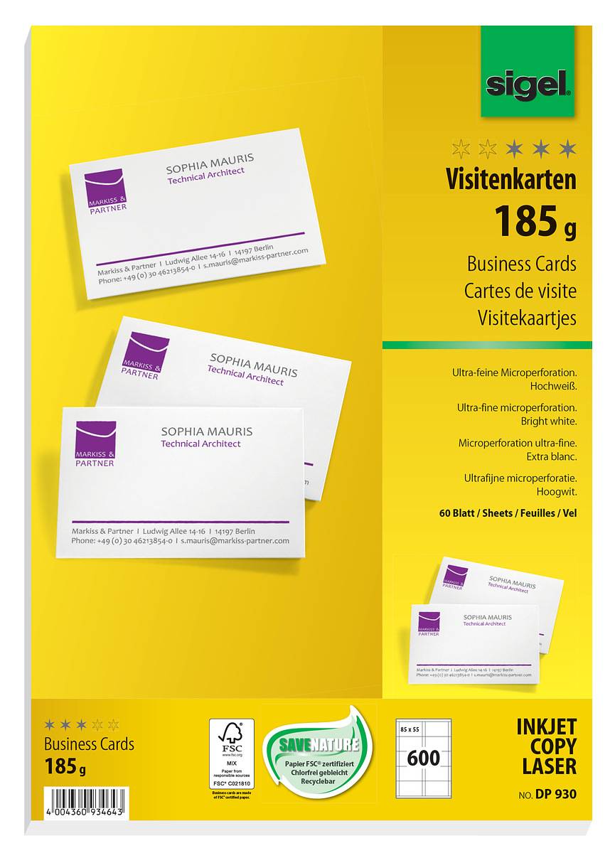 SIGEL Visitenkarten, microperforiert, 185 g/m², hochweiß, 600 Stück-0
