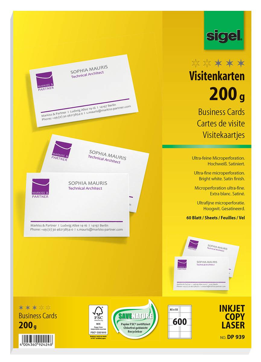 SIGEL Visitenkarten, microperforiert, satiniert200 g/m², hochweiß, 600 Stück-0