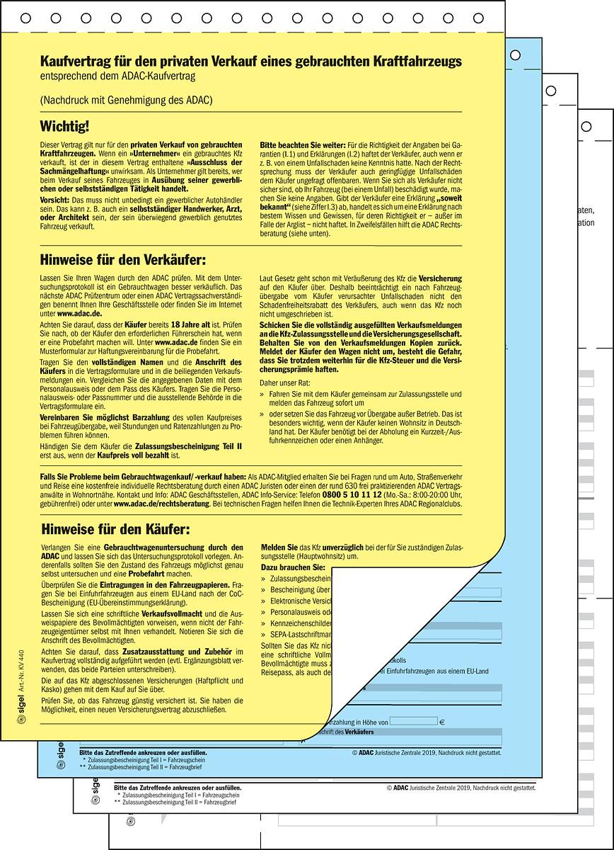 SIGEL Kaufvertrag für gebrauchtes Kfz, offizieller ADAC-Vordruck, A4, selbstdurchschreibend, 4 Blatt