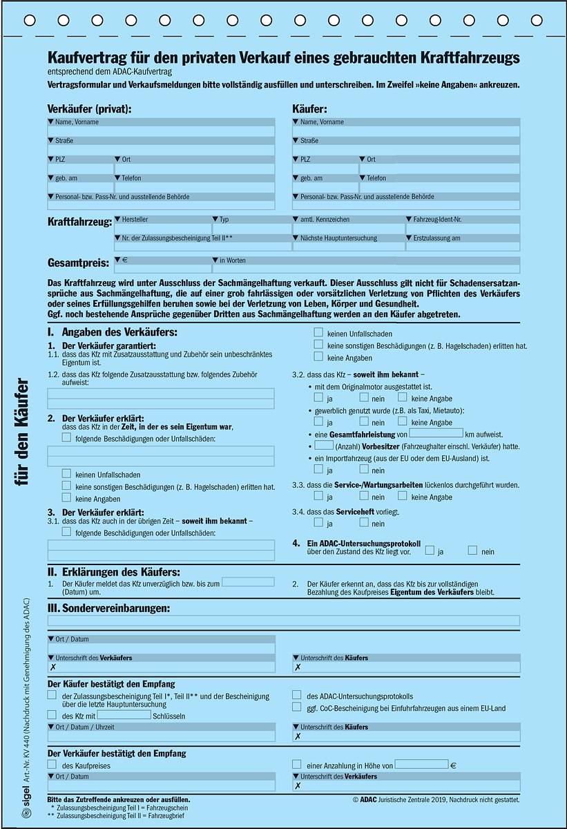SIGEL Kaufvertrag für gebrauchtes Kfz, offizieller ADAC-Vordruck, A4, selbstdurchschreibend, 4 Blatt-1