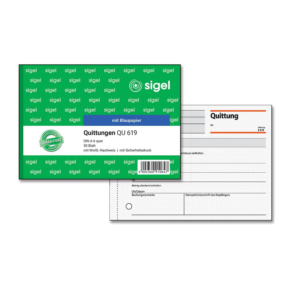 Sigel - Quittung - 50 Blatt - A6 - Querformat