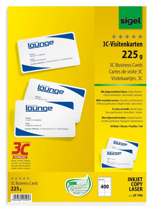 SIGEL Visitenkarten, 3C, glatter Schnitt rundum, mit abgerundeten Ecken, 225 g/m², hochweiß, 400 Stück