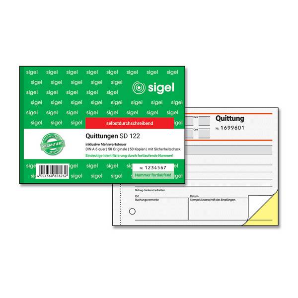 SIGEL Quittungen inkl. MwSt., mit fortlfd. Nummerierung, 1. u. 2. Blatt bedruckt, mit Sicherheitsdruck, A6 q