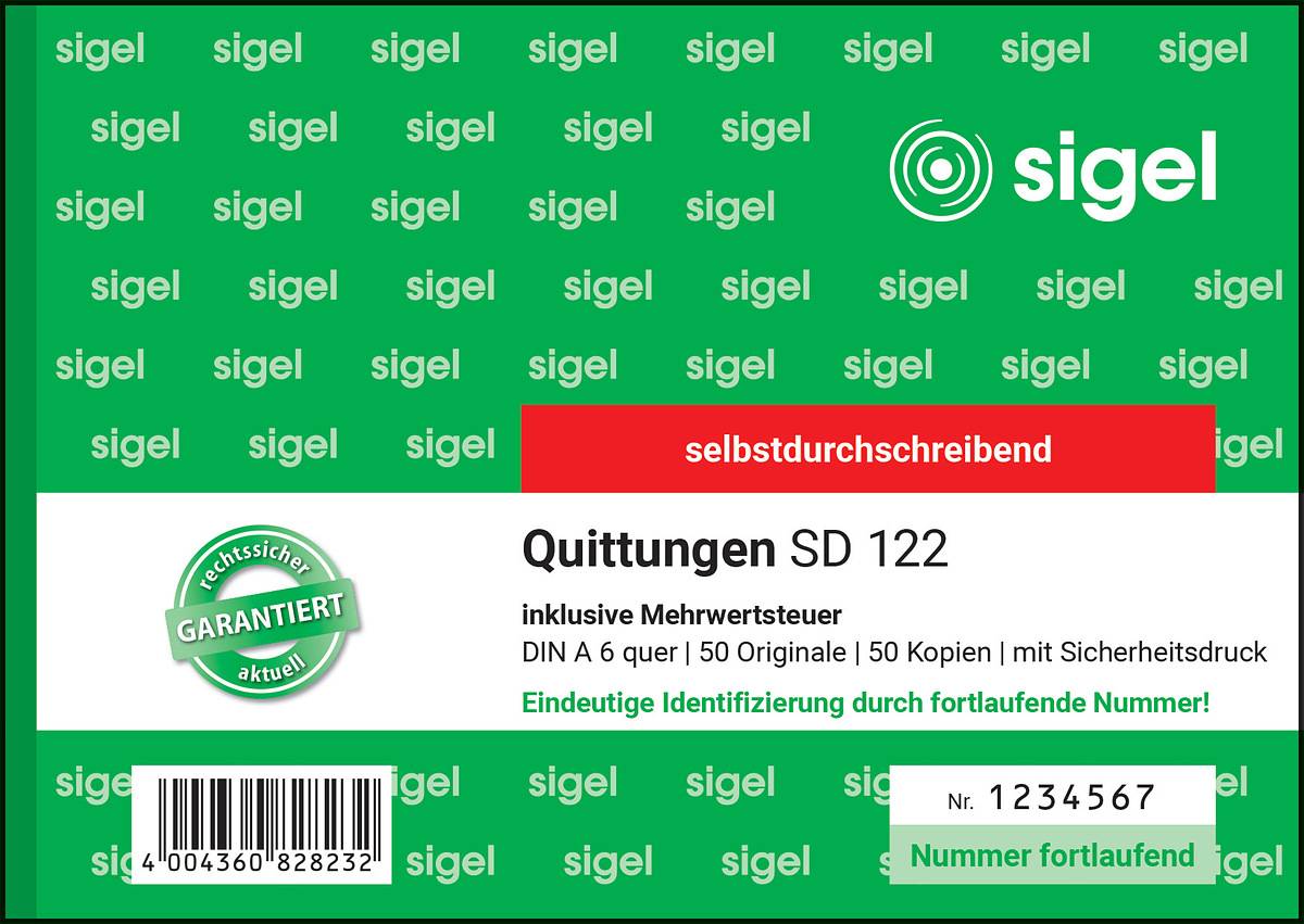 SIGEL Quittungen inkl. MwSt., mit fortlfd. Nummerierung, 1. u. 2. Blatt bedruckt, mit Sicherheitsdruck, A6 q-2