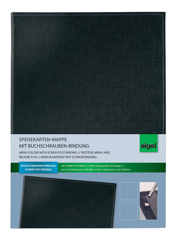 SIGEL Speisekarten-Mappe mit Buchschrauben-Bindung, schwarz, mit 4 Einzel-Transparenthüllen für 8 Seiten, für A4