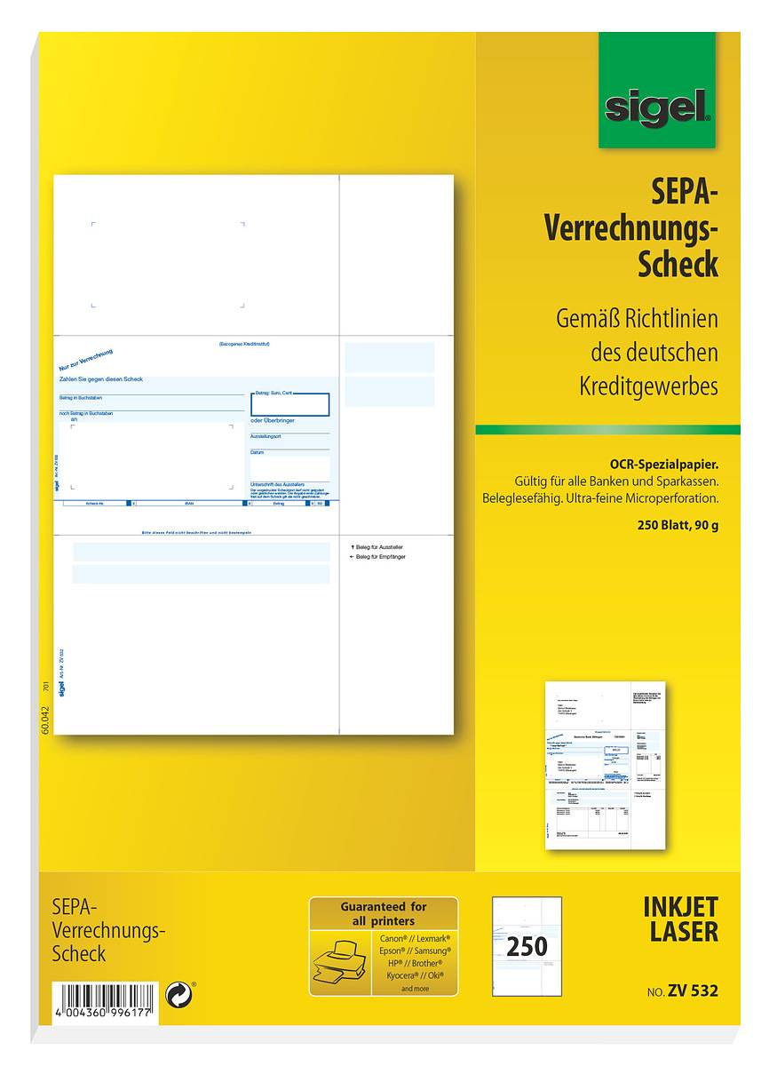 SIGEL PC-SEPA-Verrechnungs-Scheck, Gültig für alle Banken und Sparkassen., 250 Stück-0