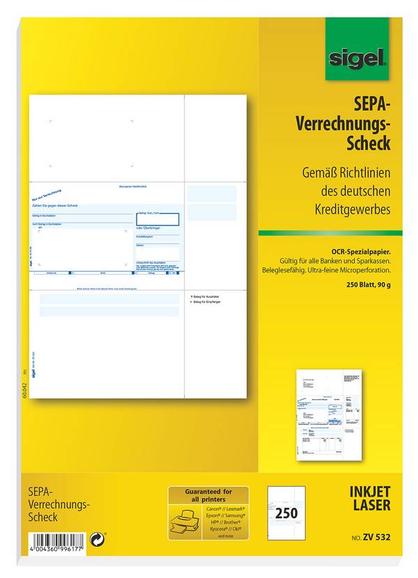 SIGEL PC-SEPA-Verrechnungs-Scheck, Gültig für alle Banken und Sparkassen., 250 Stück