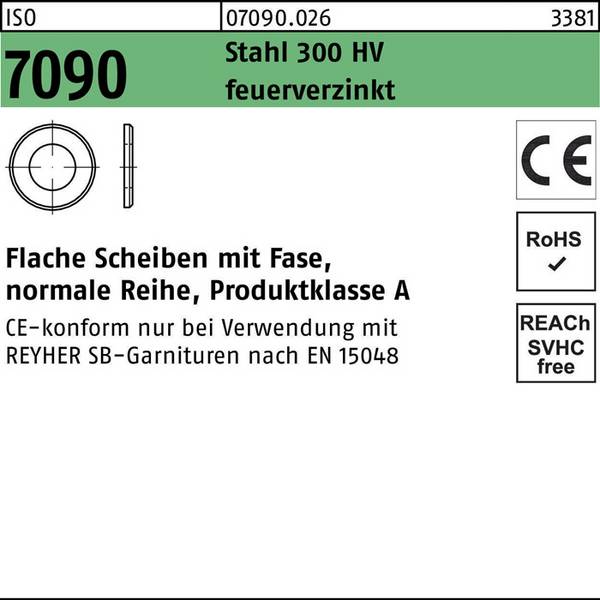 Unterlegscheibe ISO 7090 Fase 8 Stahl 300 HV feuerverz. 100 Stück