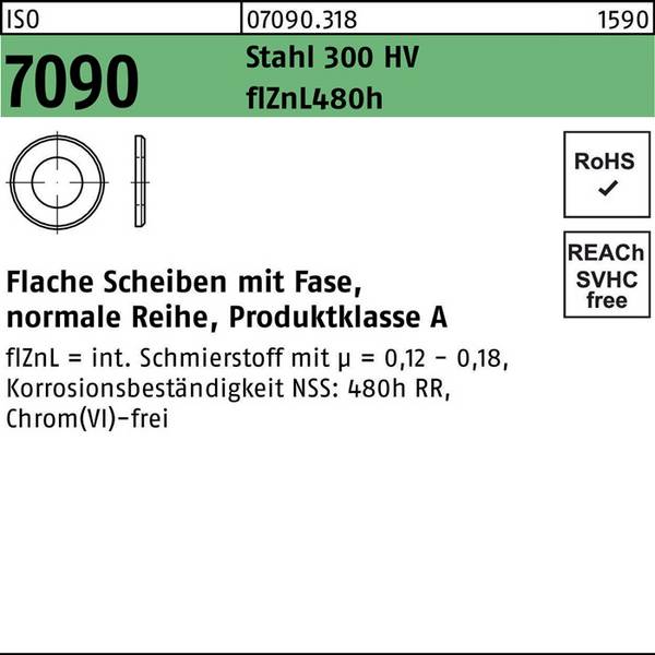 Unterlegscheibe ISO 7090 Fase 12 Stahl 300 HV zinklamellenb. 500 Stück