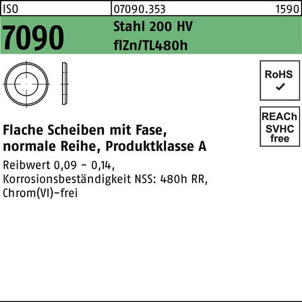 Unterlegscheibe ISO 7090 Fase 8 St. 200 HV zinkbes Gleitm. flZnnc 480h-L 1000St.