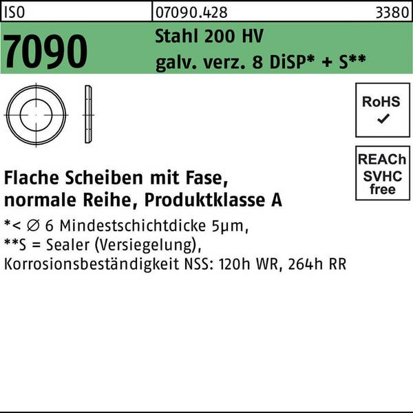 Unterlegscheibe ISO 7090 Fase 10 Stahl 200 HV galv.verz.+S 500 Stück