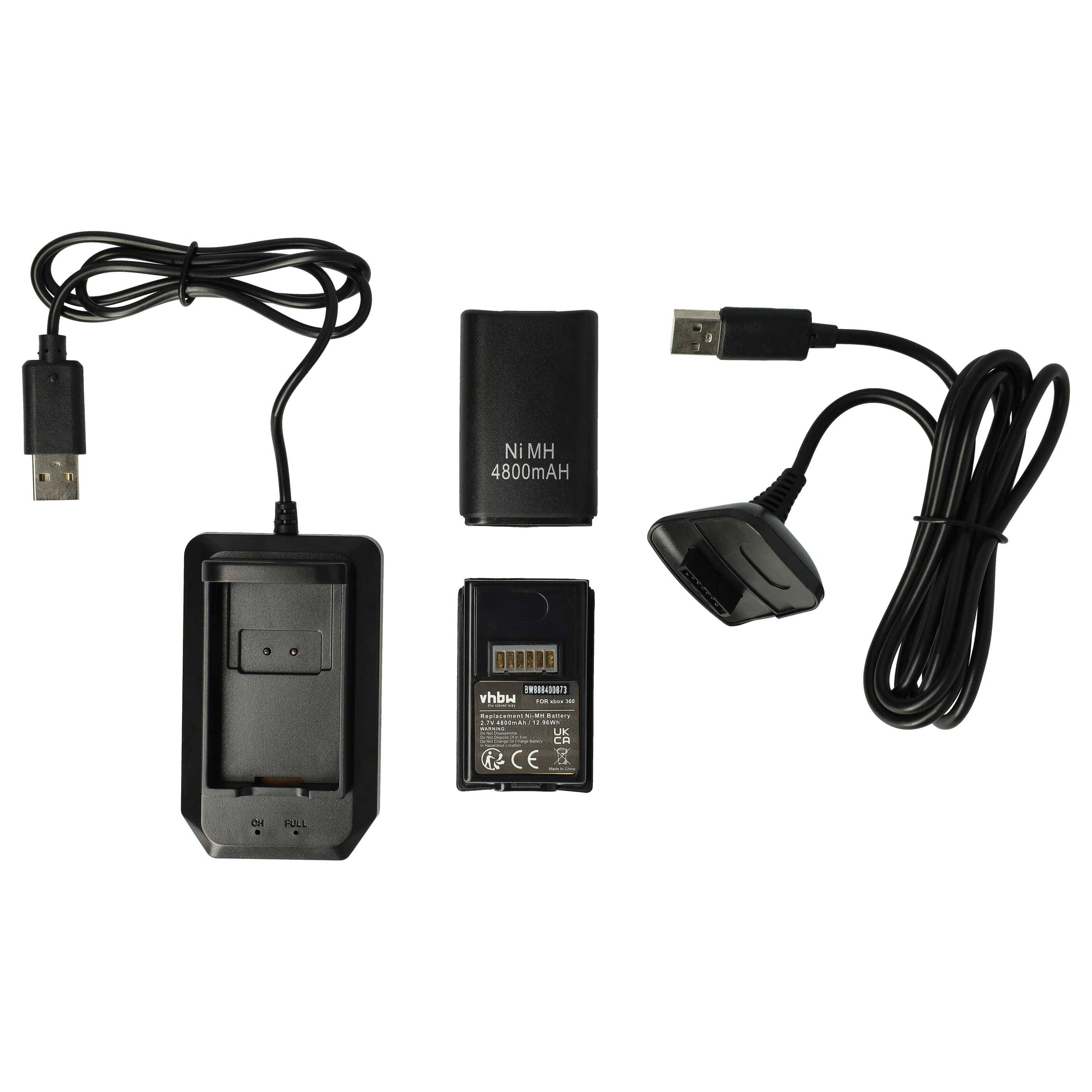 vhbw Play & Charge Kit kompatibel mit Microsoft Xbox 360 Controller | 1x Ladegerät, 1x Ladekabel, 2x Akku, Schwarz-0