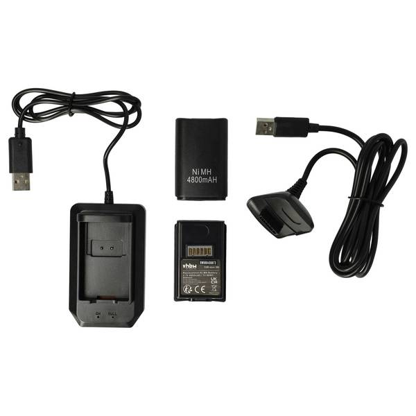 vhbw Play & Charge Kit kompatibel mit Microsoft Xbox 360 Controller | 1x Ladegerät, 1x Ladekabel, 2x Akku, Schwarz