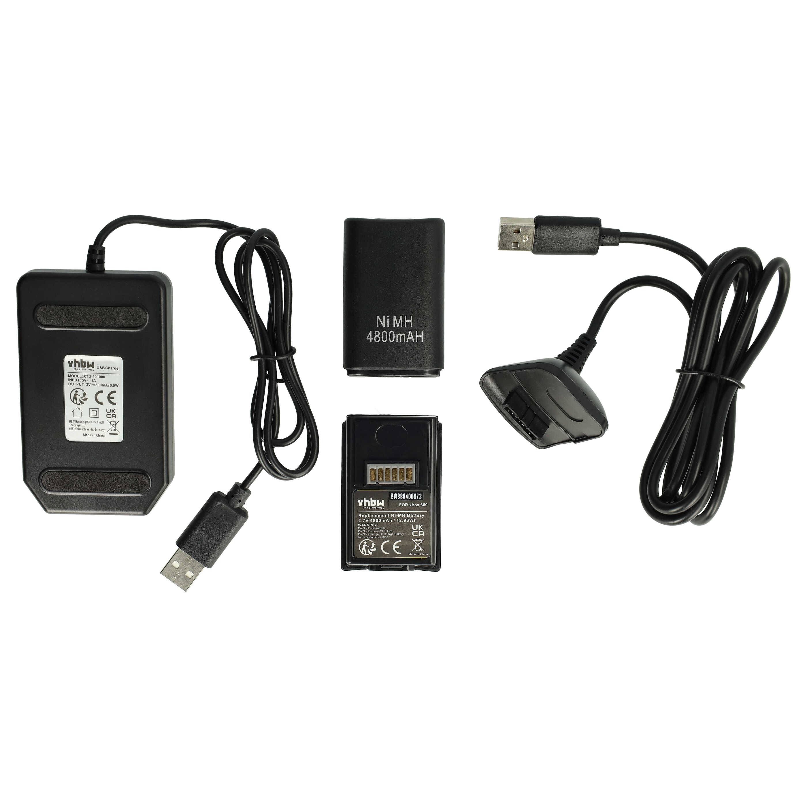 vhbw Play & Charge Kit kompatibel mit Microsoft Xbox 360 Controller | 1x Ladegerät, 1x Ladekabel, 2x Akku, Schwarz-1